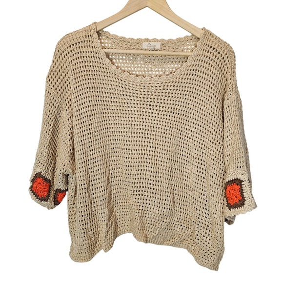 Elan Crochet Beige Orange Set Knit Shirt Shorts Lounge Boho Cover up Size Large - Picture 1 of 9